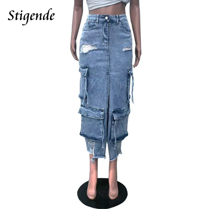 Stigende Women\'s High Split Ripped Denim Maxi Skirt with Multiple Pockets Distressed Lace Up Jeans Cargo Skirt Y2k