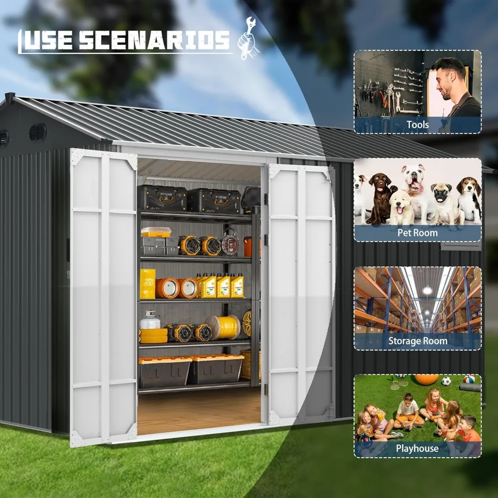 منازل جاهزة 8 × 12 قدم سقيفة تخزين خارجية سقيفة حديقة أداة تخزين الدراجة مع إطار معدني وباب قابل للقفل للفناء Ss #5