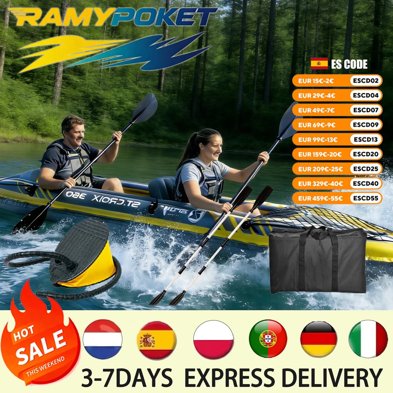 RAMYPOKET Kayak Gonflable 2 Personnes, Kayak Gonflable Double jusqu’à 160 kg avec Pagaies et Pompe, Sièges Gonflables et Sac de Transport pour Lac et Rivière