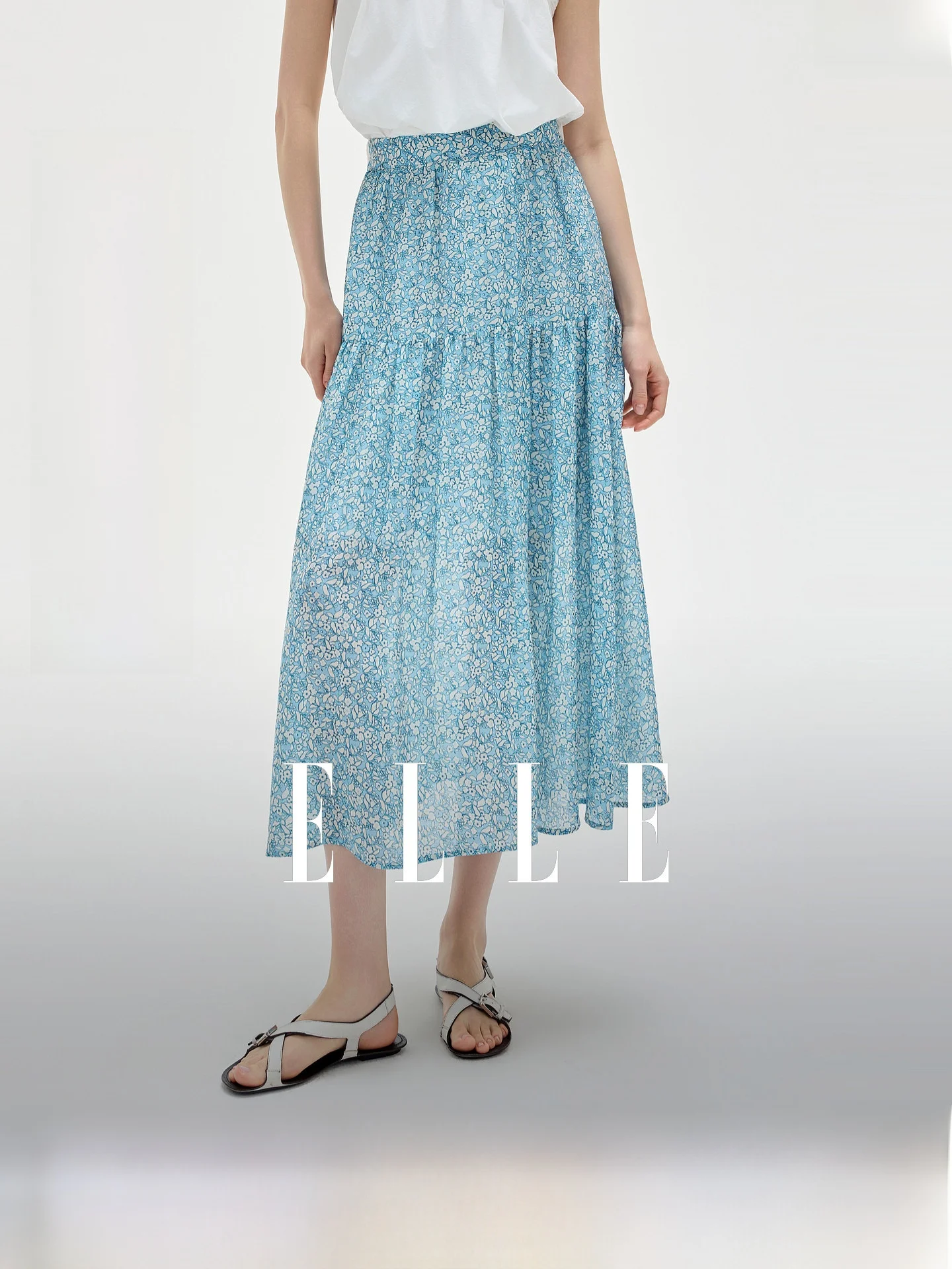 ELLE Lenzing Half Skirt Women's Floral Print Elastic Waist A-Line Long Skirt Summer New Style Commute Simple Style Linen Fabric