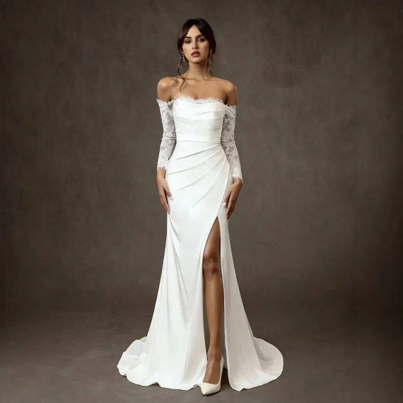 

European and American Light Wedding Dress with One Shoulder2026New Style Lace Welcome Dress White Satin Engagement Dress Elegant