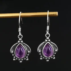 QIBAOKU Silver Drop Earrings 7X9MM Natural Amethyst Charoite Vintage Jewelry for Women Party Anniversary Gifts Wholesale