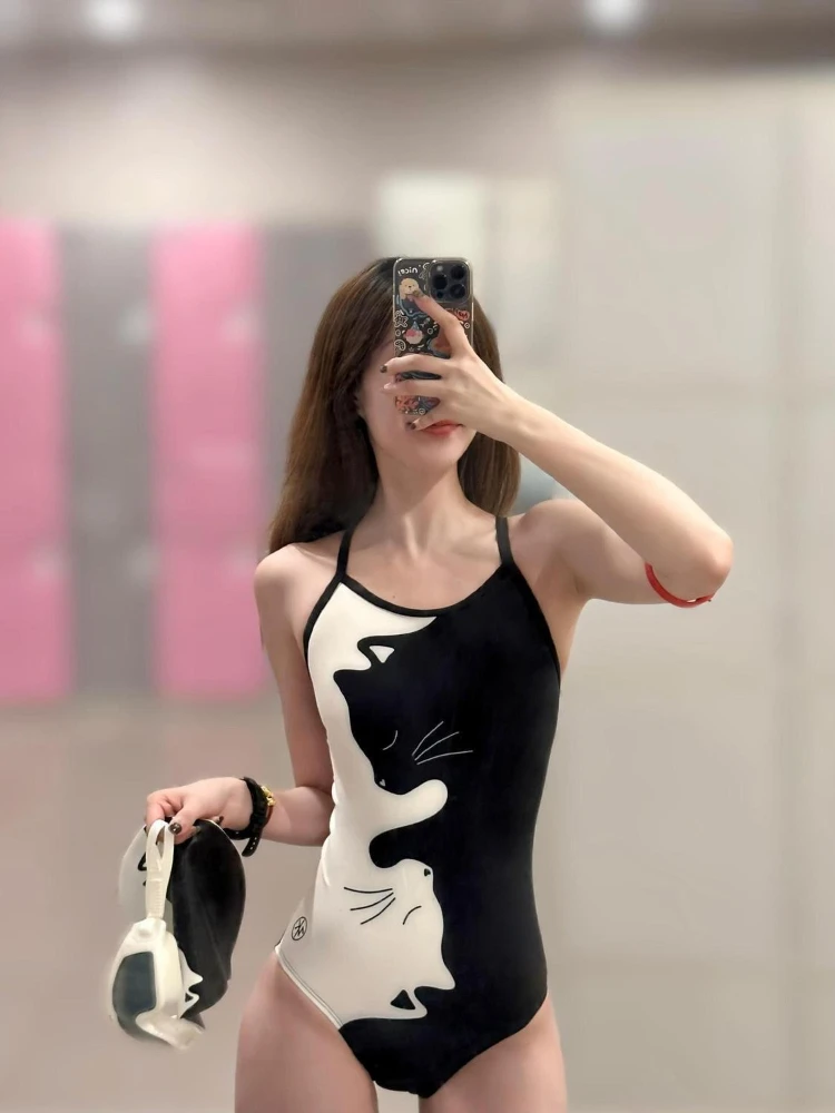 Black White Kitten Print Women's One Piece Swimsuit Racerback Racing Swimwear Thin Strap Professional Training Bathing Suit view 4