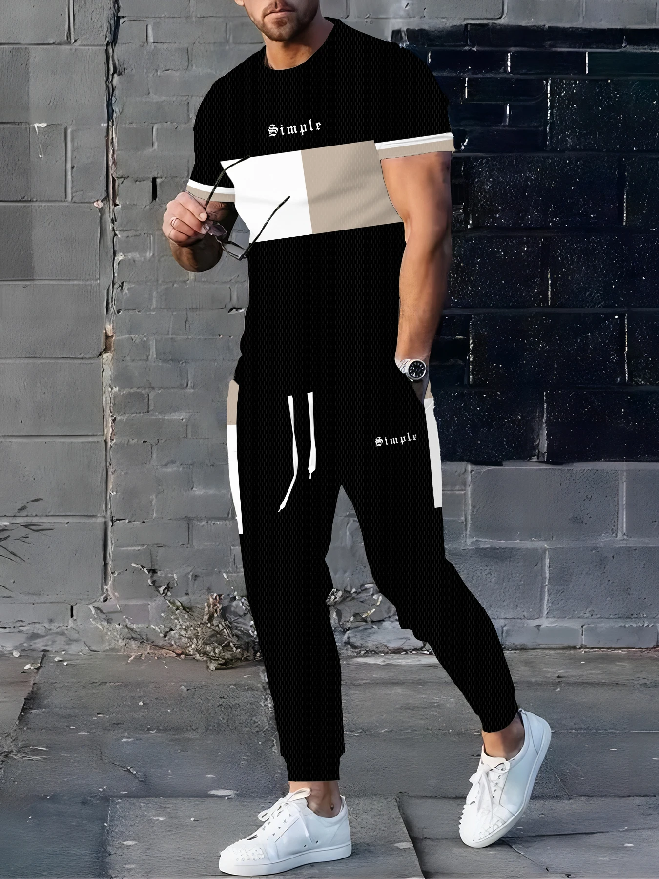 

Men's Summer Splicing Letter Printed Pattern Breathable Quick Drying Top Trendy Soft Top Street Round Neck T-shirt Set