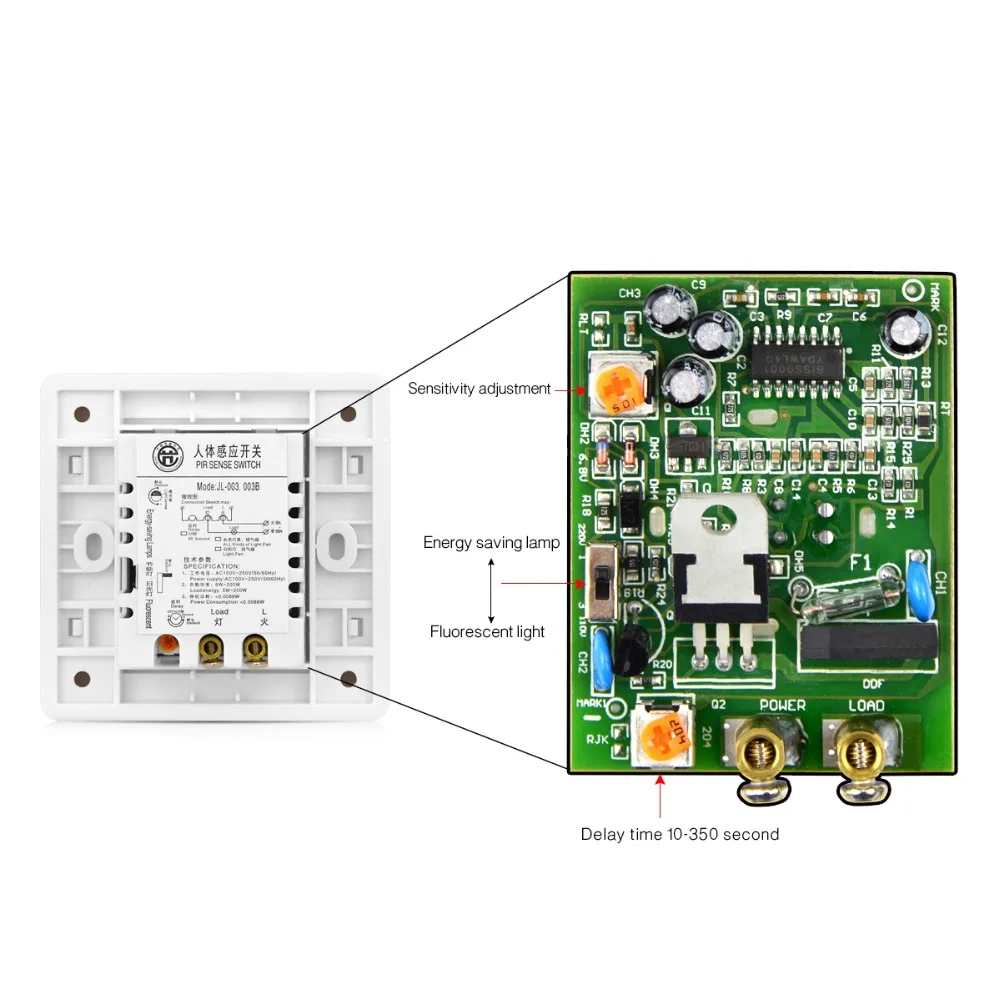 PIR Motion Sensor Switch Time Delay Adjustable Mode Detector Wall Module For LED Light or Fan Infrared Induction AC 100-250V