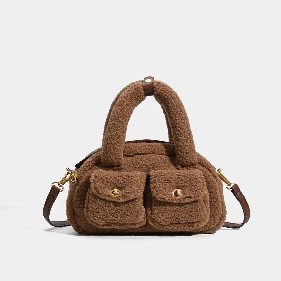 

Fashionable Women's Casual Retro Large Capacity Lamb Wool Handbag 2025 Winter New Multifunctional Multi-Pocket Crossbody Bag