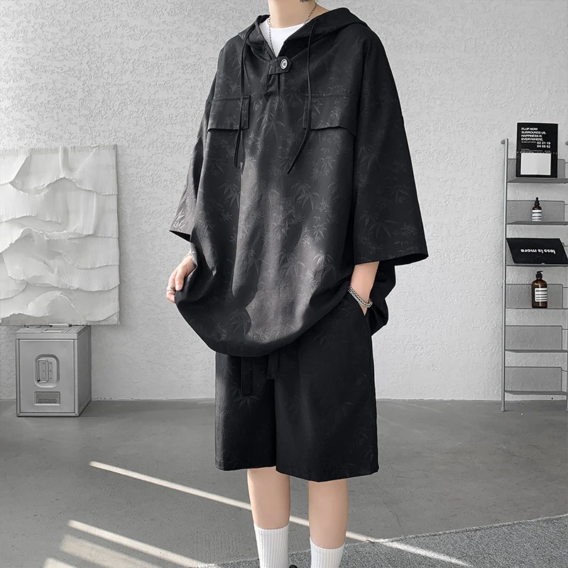 plus Size Men's Tracksuit Set M-5XL Casual Sports Shorts Plain Pullover Hoody T-shirt Leaves Print Summer Clothing XXXXXL