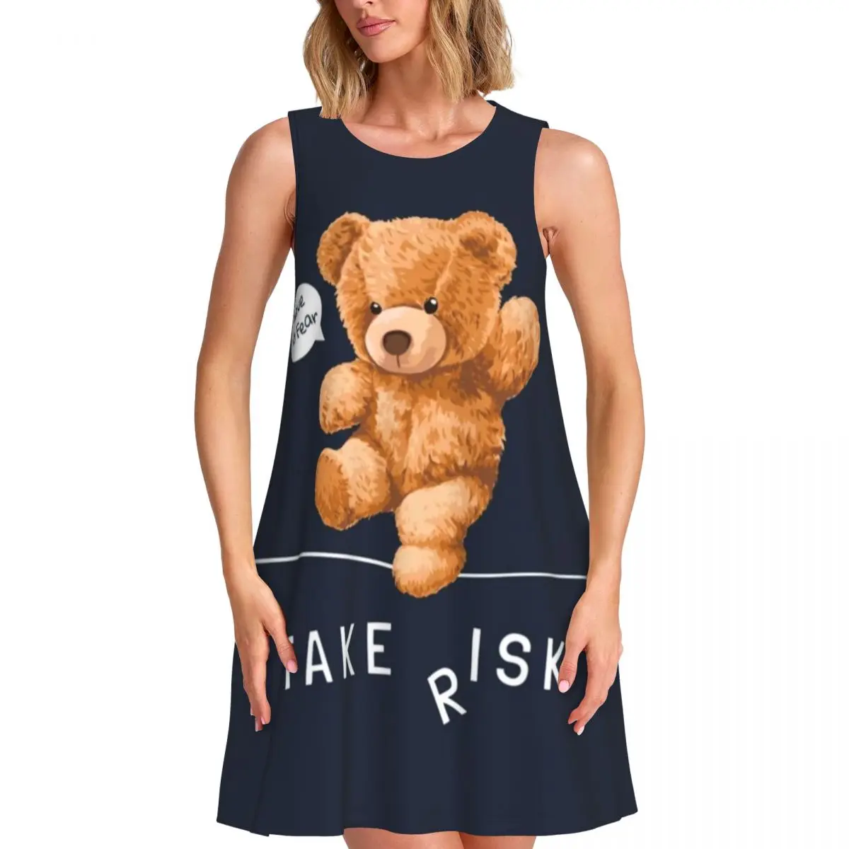 Bear Toy Walking On String Casual Dress Have No Fear Take Risk Dresses Sleeveless Sexy Dress Crew Neck Women Pattern Clothes