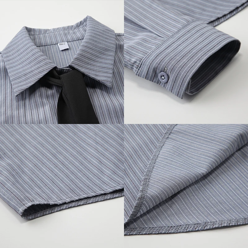 Japan Gray Pinstripe Shirt for Women Spring Autumn 2023 New Niche Loose Versatile Hong Kong Layered Blouse Underneath Chic Shirt