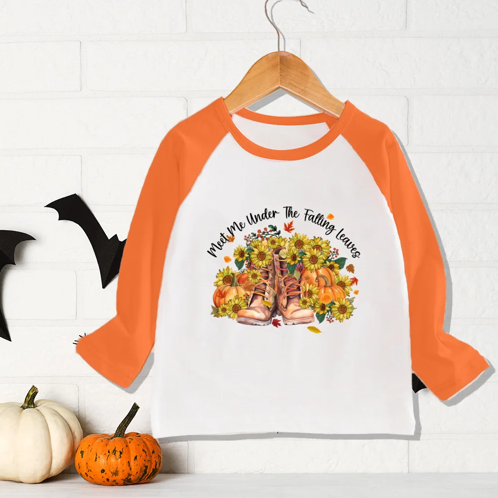 Fall for Jesus He Never Leaves Print Shirt Kids Thanksgiving Halloween Party T-shirt Boys Girls Raglan Sleeve Tee Child Fall Top