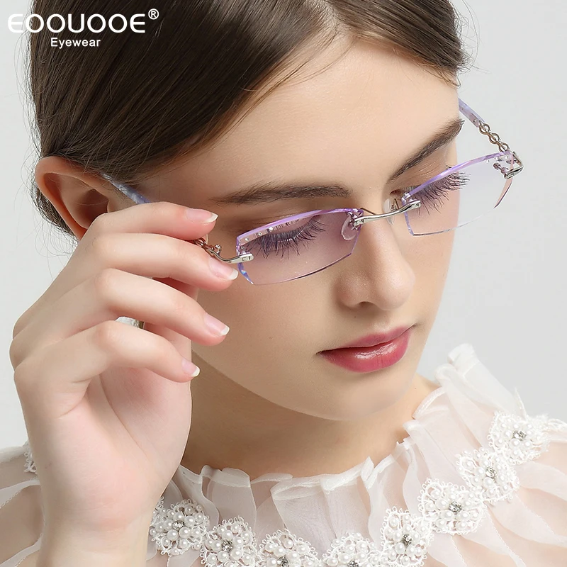 Colored Lenses Rimless Optical Eyewear Myopia Hyperopia Glasses Frame Women Prescription Eyeglasses Anti-Reflection Progressive