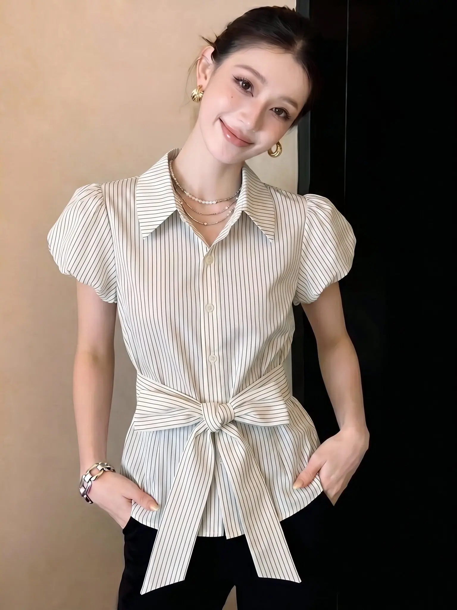 Elegant Stripe Bubble Sleeve Shirt Women's Summer Slimming Belted Shirt Ladylike Commute Style Short Sleeve Button Detail