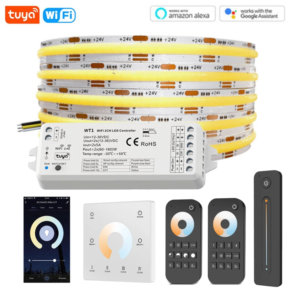 24V CCT COB LED Strip Light 3500K-6500K RA90 608LED/m LED Bar 2.4G RF Touch Remote Smart Life Alexa Google Tuya Wifi Controller