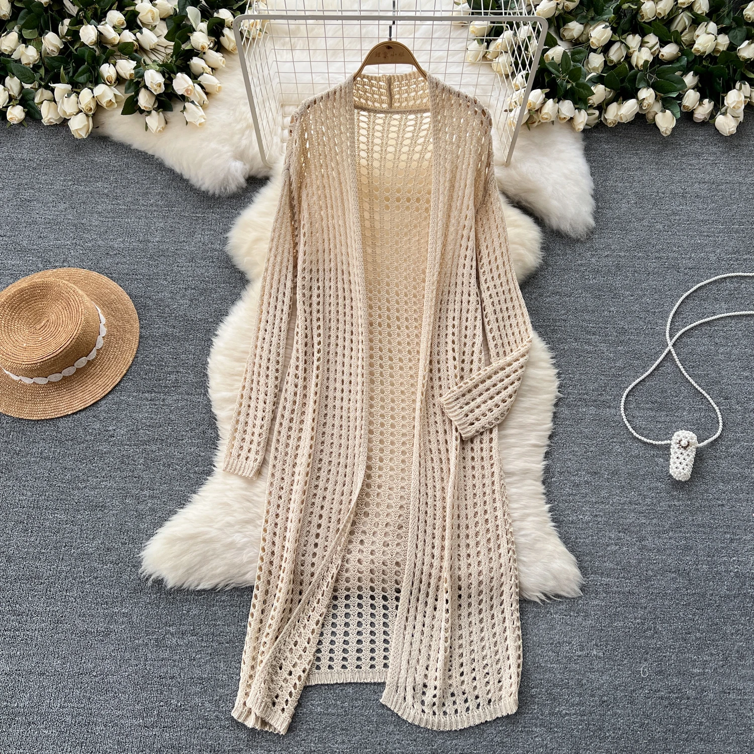 

Mid Length Shawl Jacket Hollowed Out Knitted Cardigan Loose Cover Up For Summer Sunscreen Hook Flower Vintage Layered Jacket