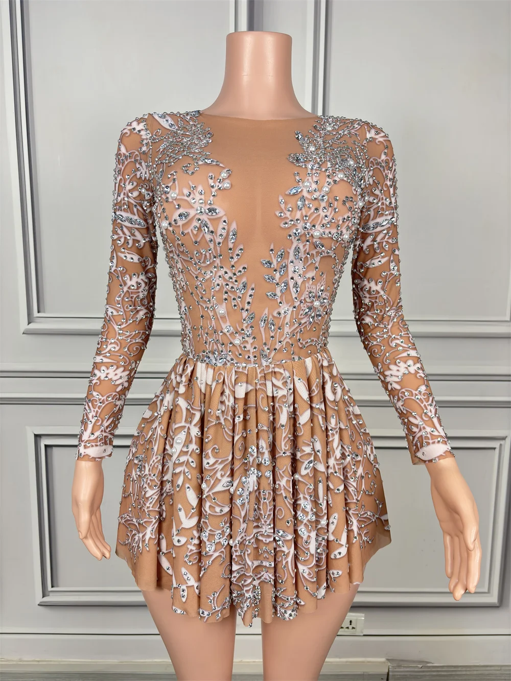 

Women Shiny Rhinestone Nude Sparkly Long sleeve dress Stretch Mini dress Birthday transparent mesh dress evening sexy dress