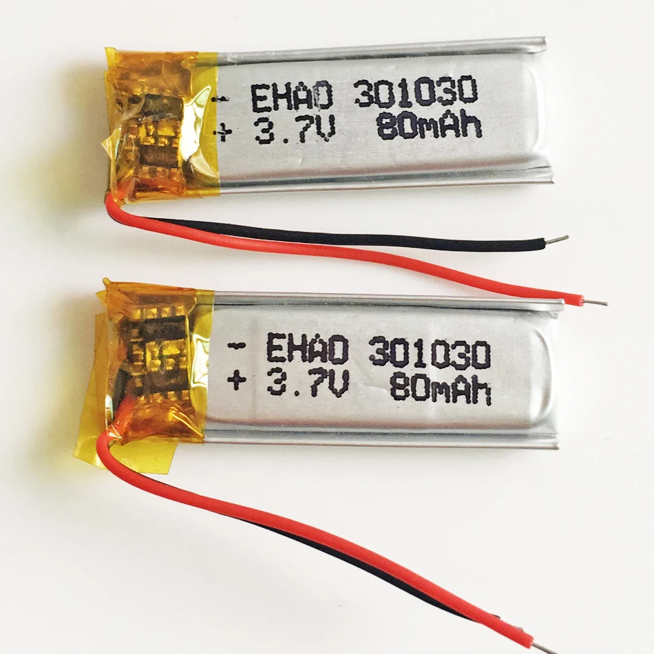 2 pcs 3.7V 80mAh Lipo Rechargeable Battery 301030 For MP3 GPS Bluetooth Headphone Headset Video Pen Camera Recorder