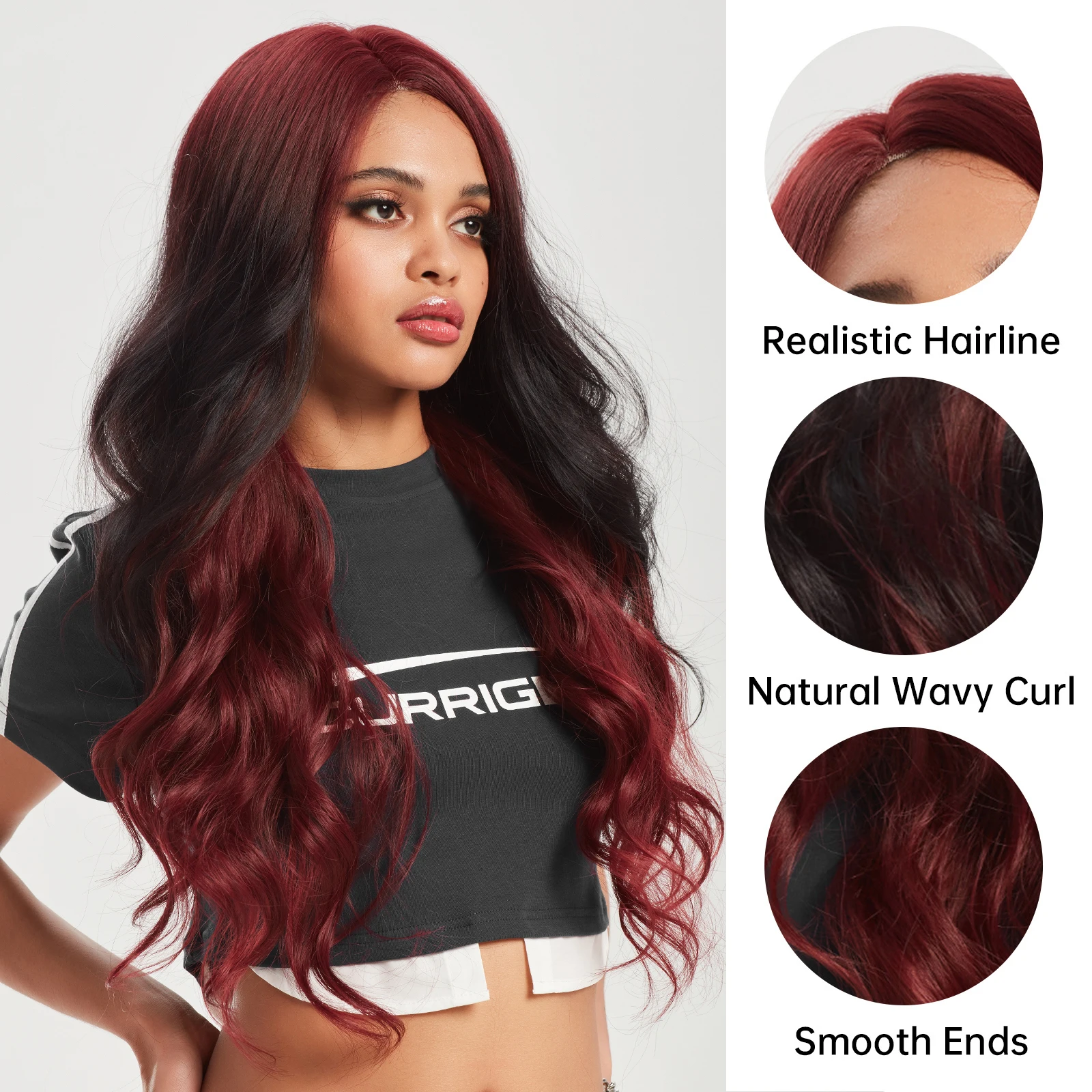 HAIRCUBE Red to Black Ombre Synthetic Wigs for Afro Women Middle Parted Hairline Lace Front Wigs for Cosplay Daily Use Fake Hair