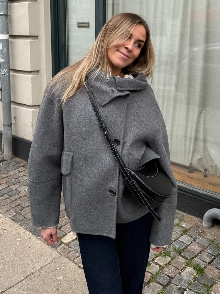 Elegantní vlněná bunda se stojáčkem pro ženy, jednořadé zapínání na knoflíky, kapsy, kabát, dámský kabát, podzim/zima 2025, pouliční elegantní svrchní oblečení - náhled 6