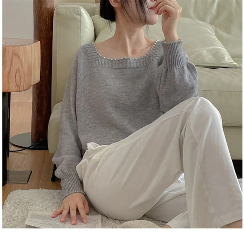 Women's Knitted Solid Sweater Autumn Square Beading Collar Pullover Raglan Sleeve Threaded Hem Casual Versatile Female Tops