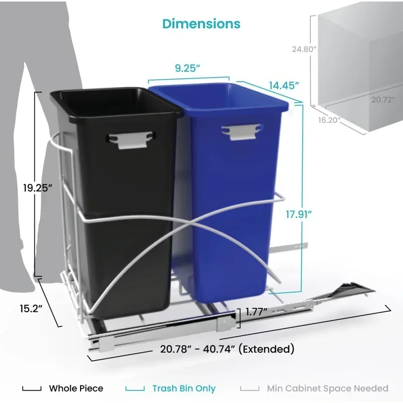 15 Gallon Pull Out Dual Trash Can Recycling and Trash, Under Cabinet Design, 58 Liter Total Capacity, Black, VK40235U