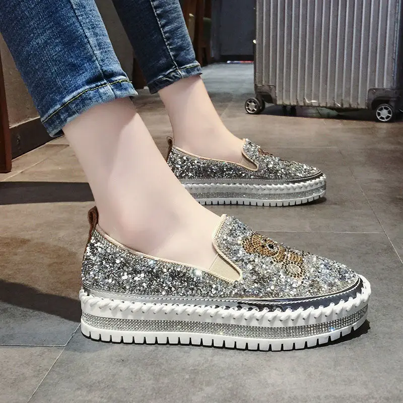 Autumn Women Thick Bottom Sneaker Running Fashion Designer Woman Shoes Trend 2024 Casual Canvas Mirror Luxury Rhinestone Spring