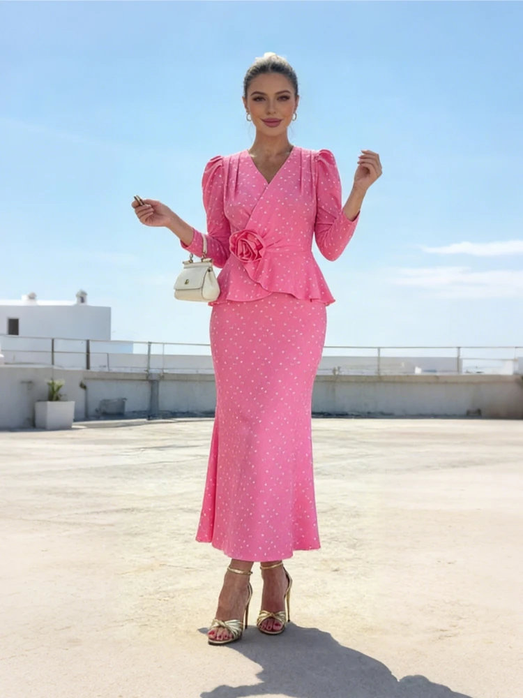 

Tsiisd Розовый комплект из 2 предметов с принтом, длинная юбка, женская модная юбка на шнуровке с цветочным принтом и v-образным вырезом, элегантные наряды, женские комплекты макси-юбок