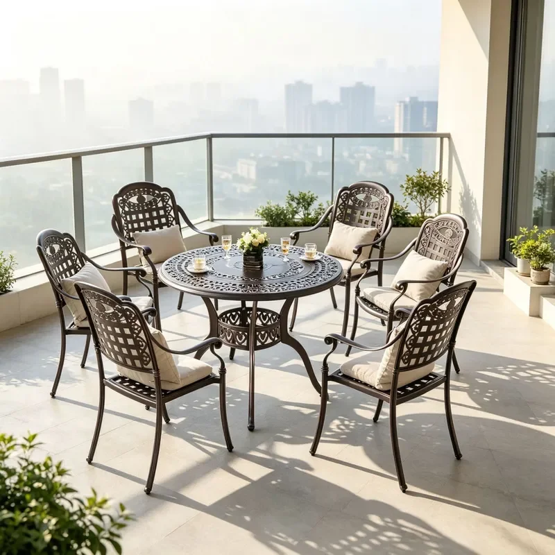 Outdoor Cast Aluminum Round Table and Chair Set Retro Bronze Hollow Carved Leisure Chairs Rust Proof Patio Furniture