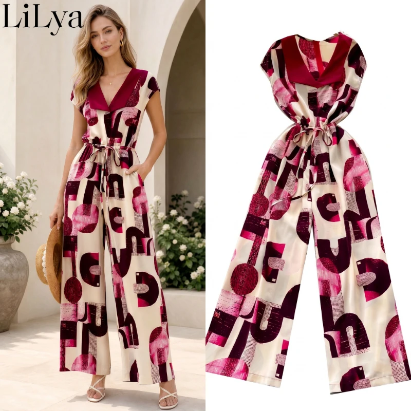 

Light Mature Casual Jumpsuit Women Summer High Waist Pants V Neck Waist Slimming Geometric Print Temperament Commuter Jumpsuit