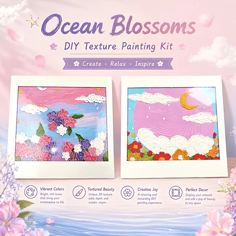 2‑Style a sea of flowersTexture Painting Kit, Contains 6‑color paint cup, art frame, palette knife, brush, quartz sand, wooden easel, mixing palette. Beginner‑friendly for thick 3D relief art. For relaxing hand‑painting