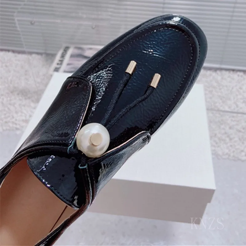 2024 Frühling neue Frauen Schuhe Vintage Kalbsleder Slipper mit Perle Kordel zug flache Absätze Frauen Schuhe bequemen Leders chuh