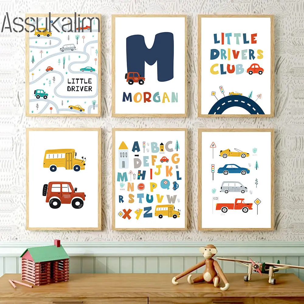 Custom Name Wall Art Toy Car Canvas Pictures Alphabet Painting Poster Nordic Art Prints Nursery Posters Baby Boys Room Decor