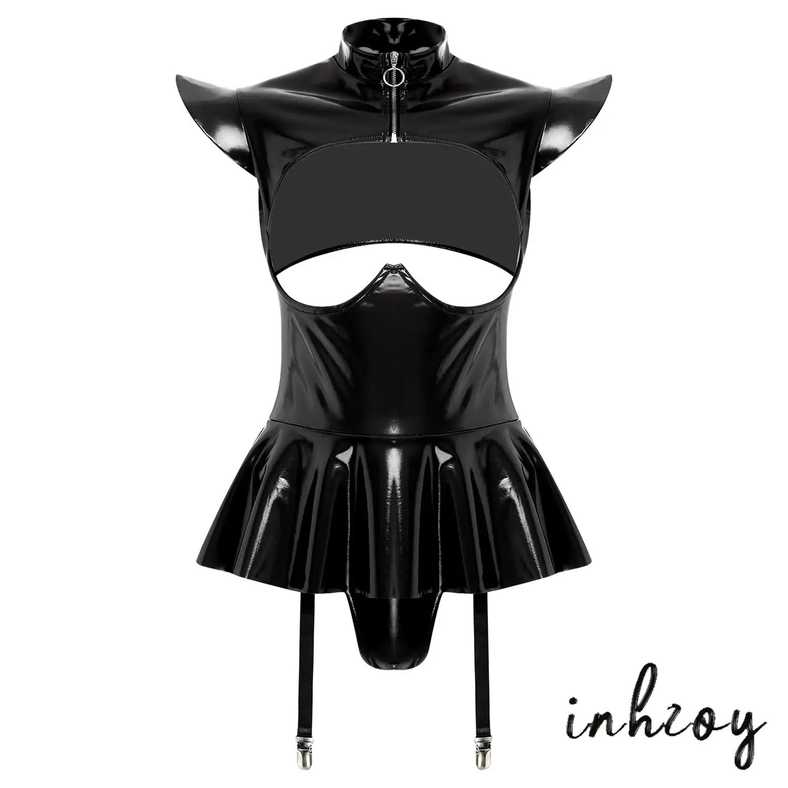 

Women Glossy PU Leather Sexy Bodysuit Fly Sleeve Hollow Out Push Up Underwire Ruffled Hem Garters Jumpsuit for Night Party Club