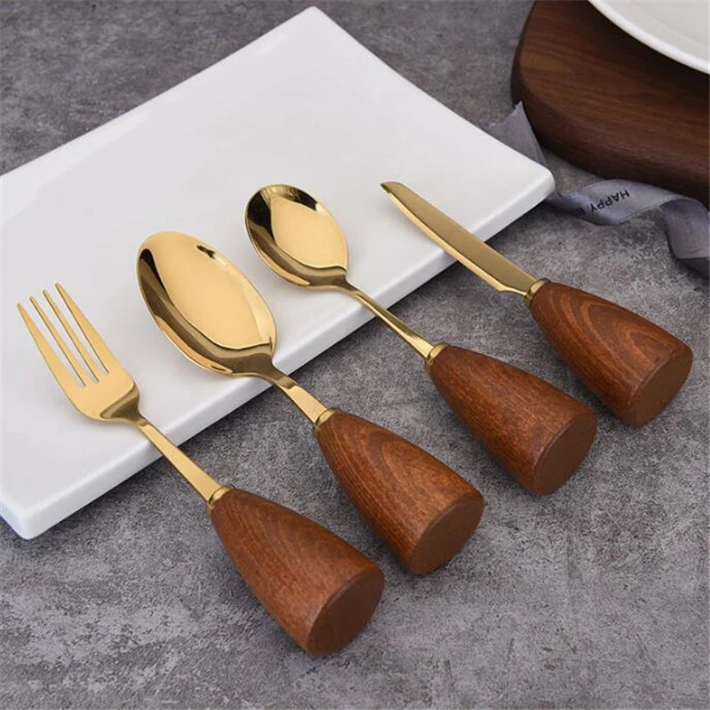 

4pcs/Set Wooden Handle Tableware Cutlery Set Gold-plated Western Food Dinner Kitchen Fork Party Spoons