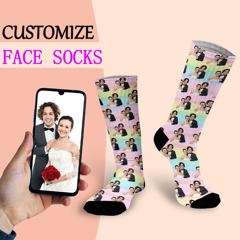 DIY Private Design Rainbow Gradient Cotton Sock Facial Custom Harajuku Novelty Long Socks Surprise Gift To Family  Friends New