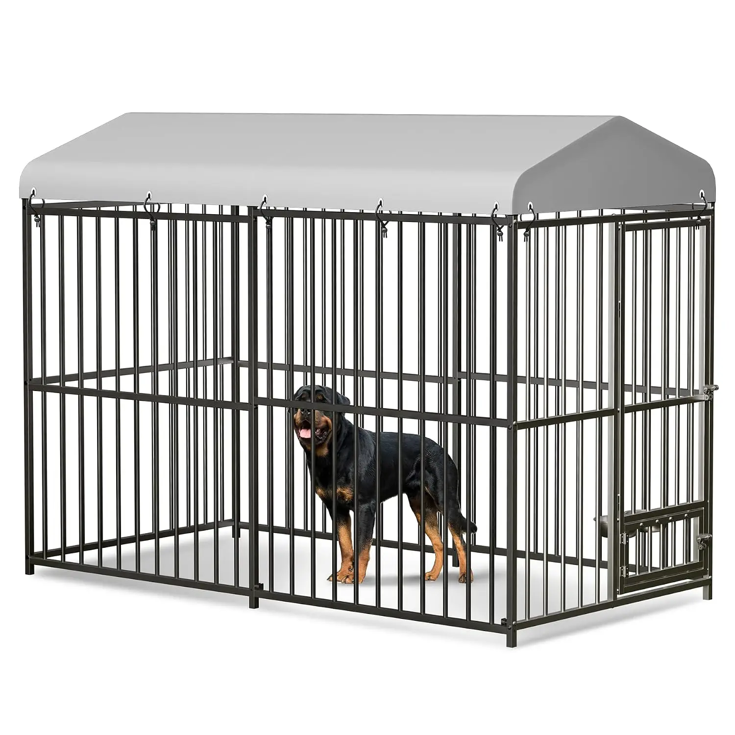 8x4FT Metal Dog Kennel Outdoor With Waterproof Roof, 2 Bowls, Feeding Door, Lock, Rust Resistance Fence For Garden, Customized