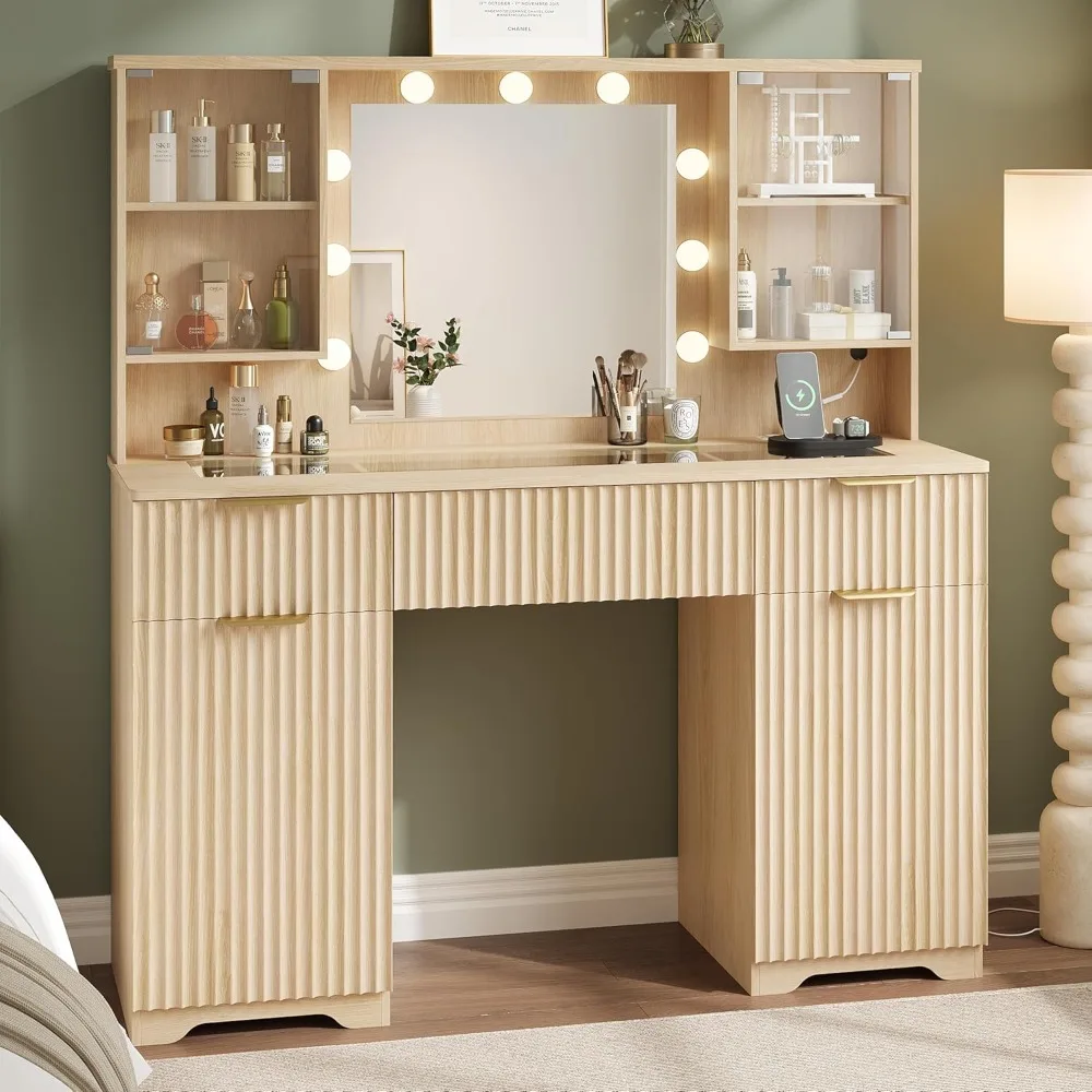

Fluted Makeup Vanity Desk with Mirror and Lights, Glass Top 48 Wood Vanities, Dressing Table w/3 Drawers & 2 Large Storage