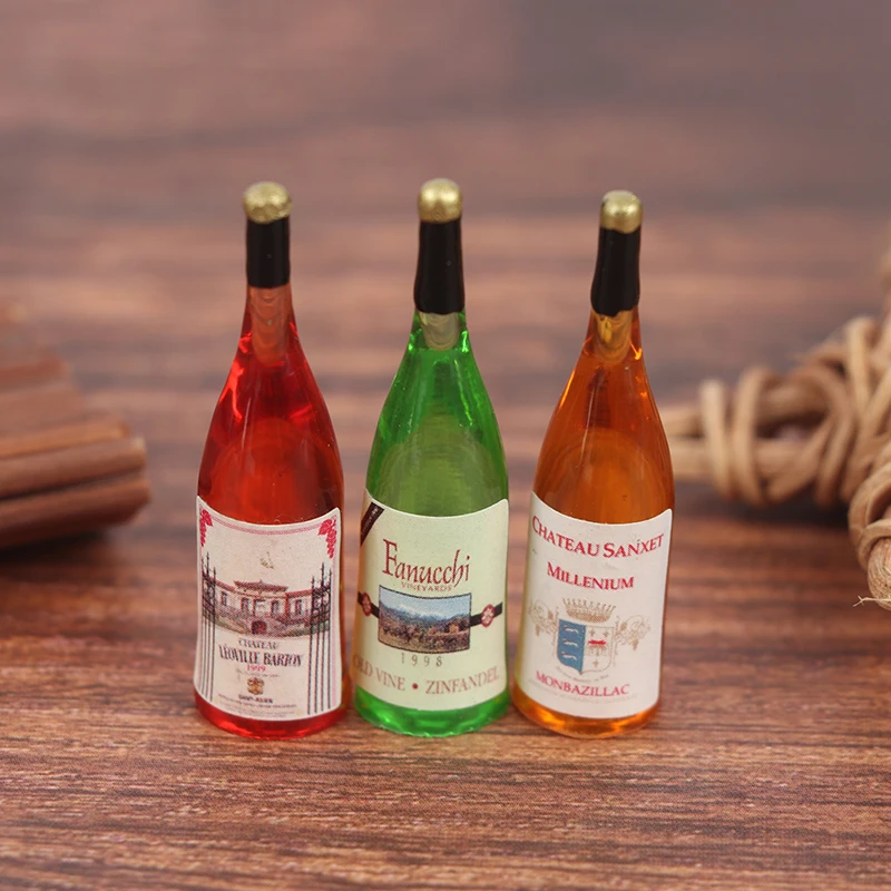 Mini botellas de bebida para casa de muñecas, modelo de botellas de vino de simulación, decoración para sala de estar y cocina, accesorios para Bar, juguete, 3 uds.