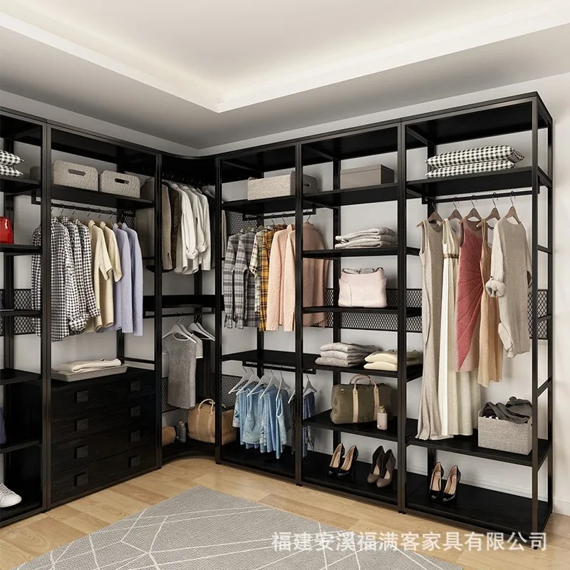 Open metal wardrobe home bedroom floor-to-ceiling wrought iron hangers walk-in cloakroom shelves assembled wardrobe