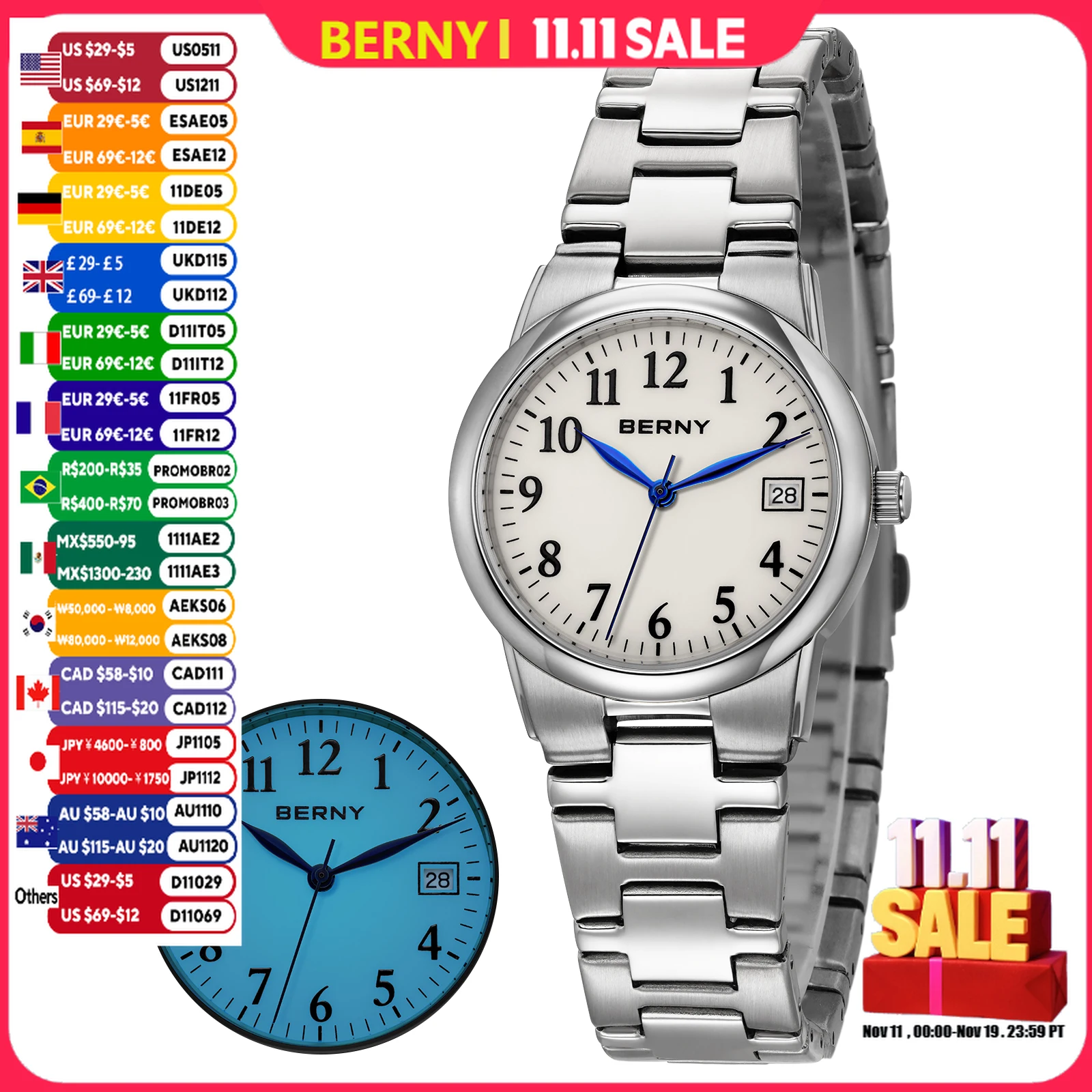 BERNY Women's Watches Full Luminous Dial Fashion Casual Ladies Quartz Watch Calendar Easy Read Elegant Wristwatch