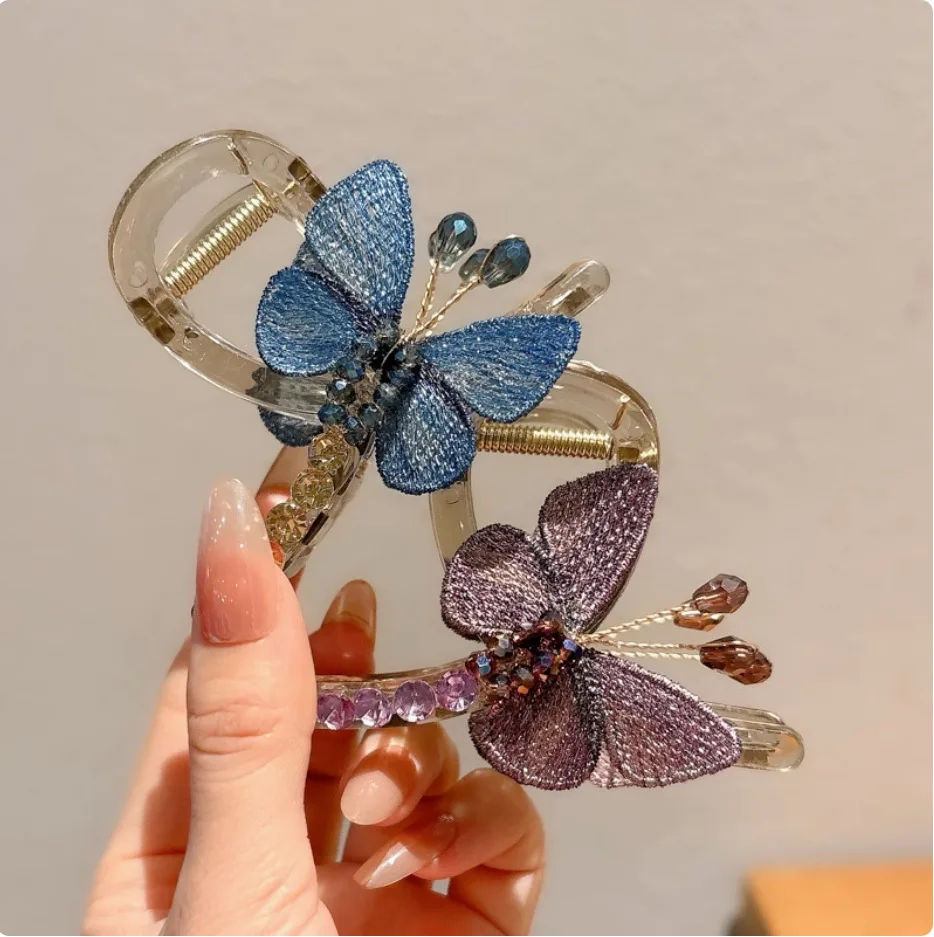 

Retro Embroidery Butterfly Hair Claw Women Girls Elegant Hair Grab Clip Back of Head Half Tie Shark Clip Styling Accessories New