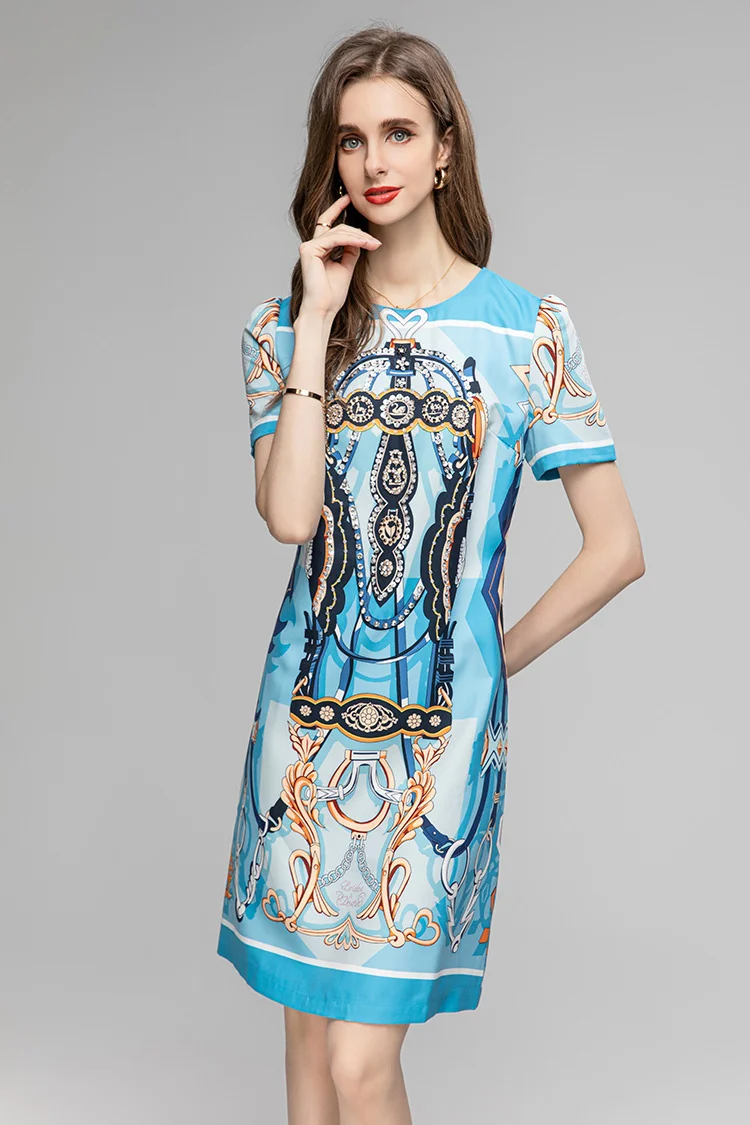 

Summer Fashion Designer Vintage Pattern Printed Vestidos Women O-neck Short Sleeve Diamond Sequins Loose Casual Mini Dress