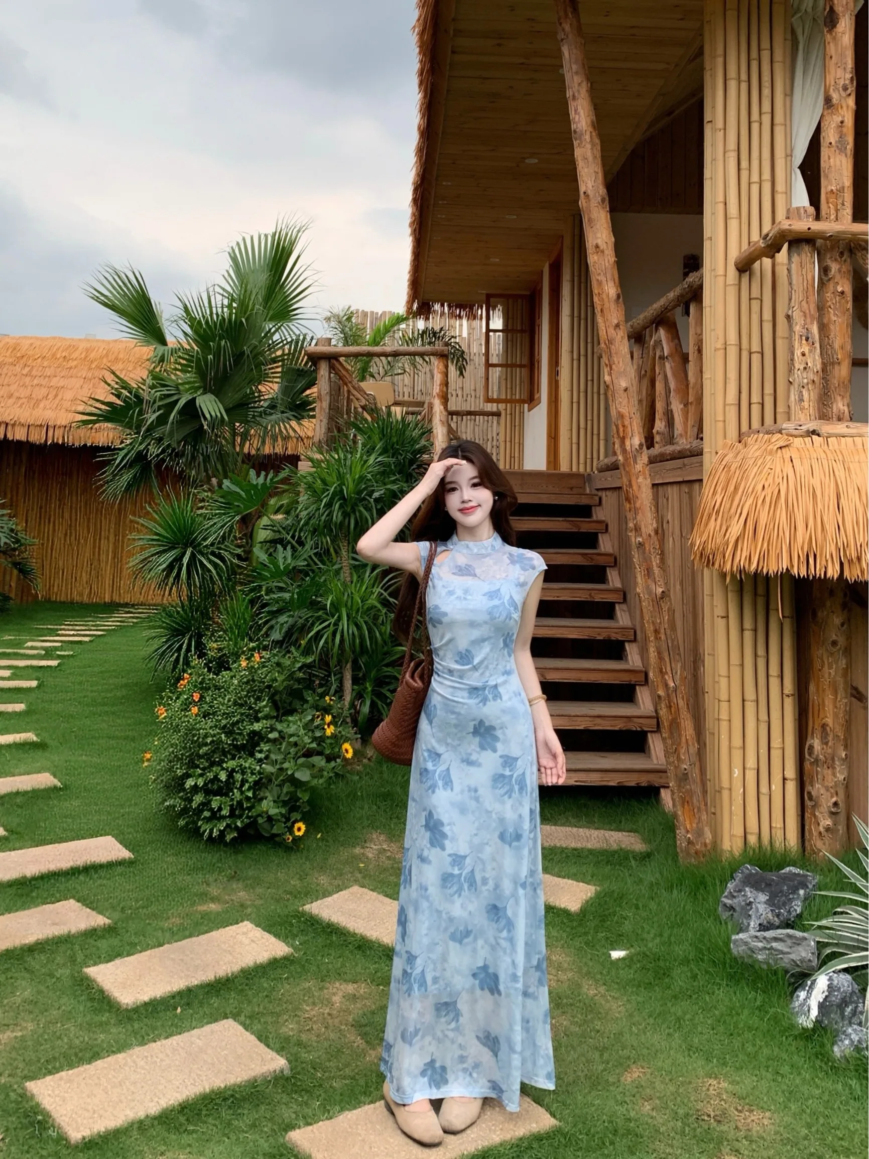 

plus Size Slimming Floral Print Tea Break New Chinese Style Qipao Dress Summer Commute Style A-Line Long Dress Short Sleeve