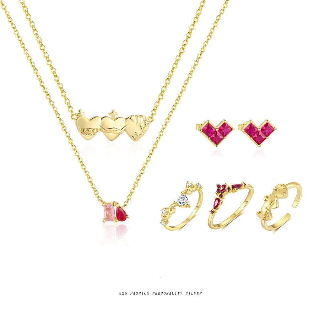 

S925 Pure Silver Jewelry Love Color Zirconia Light Luxury Fashion Earrings Female Personalized Dopamine Ring Necklace Set