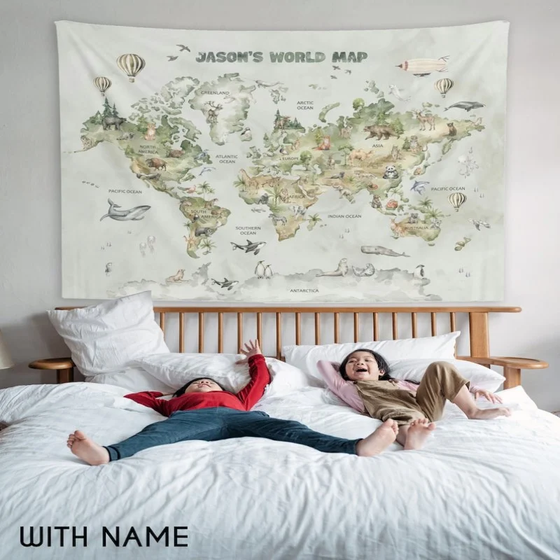 VIKAMA Modern World Map Tapestry Polyester Fiber Wall Hanging Living Room Bedroom Dormitory Home Decoration
