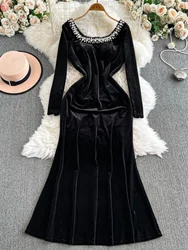 Autumn Crystal Black Velvet Party Maxi Dress For Women's Winter Long Sleeve Evening Vestidos Elegant Fashion Fishtail Dresses
