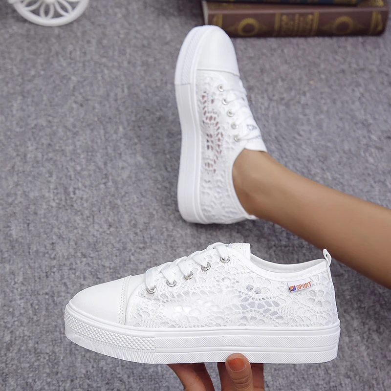 Women Shoes  Fashion Summer Casual White Shoes Cutouts Lace Canvas Hollow Breathable Platform Flat Shoes Woman Sneakers