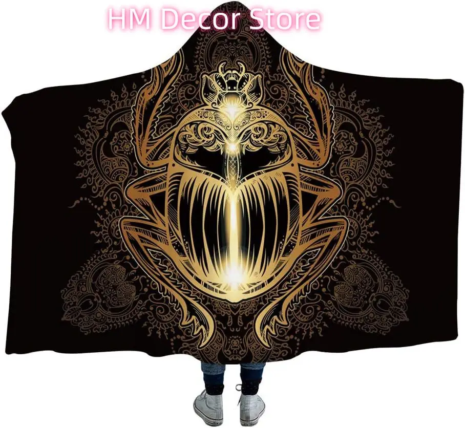 Gold Mandala Insect Blanket Egyptian Scarab Beetl Pattern Ugly Animal Hooded Blanket Wearable Fleece Blanket for Adul