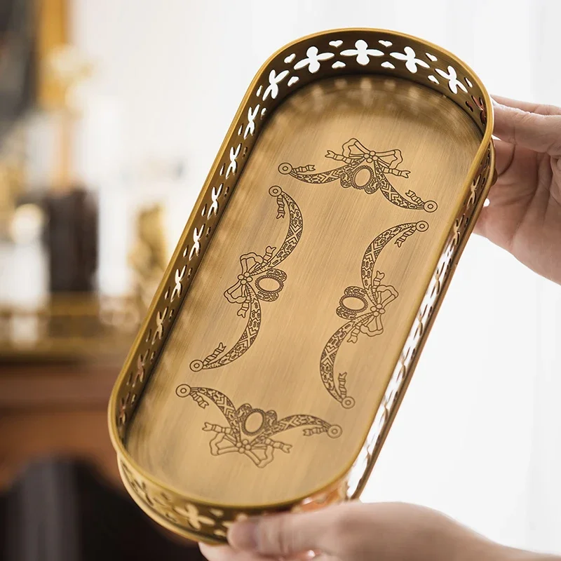 Vintage Brass Jewelry Tray with Perfume Dish - Luxury Vanity Organizer for Earrings, Necklace & Trinkets Storage, Retro Tabletop
