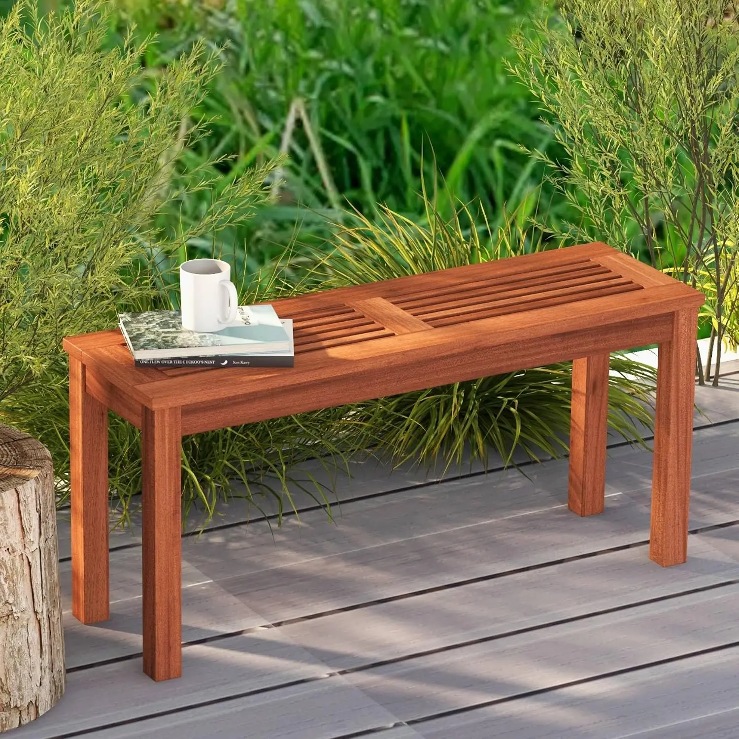 Solid Wood Patio Bench for 2 Adults, 39.5-Inch Slatted Loveseat with Sturdy Frame, Indoor Outdoor Dining Bench for Backyard Poolside Entryway