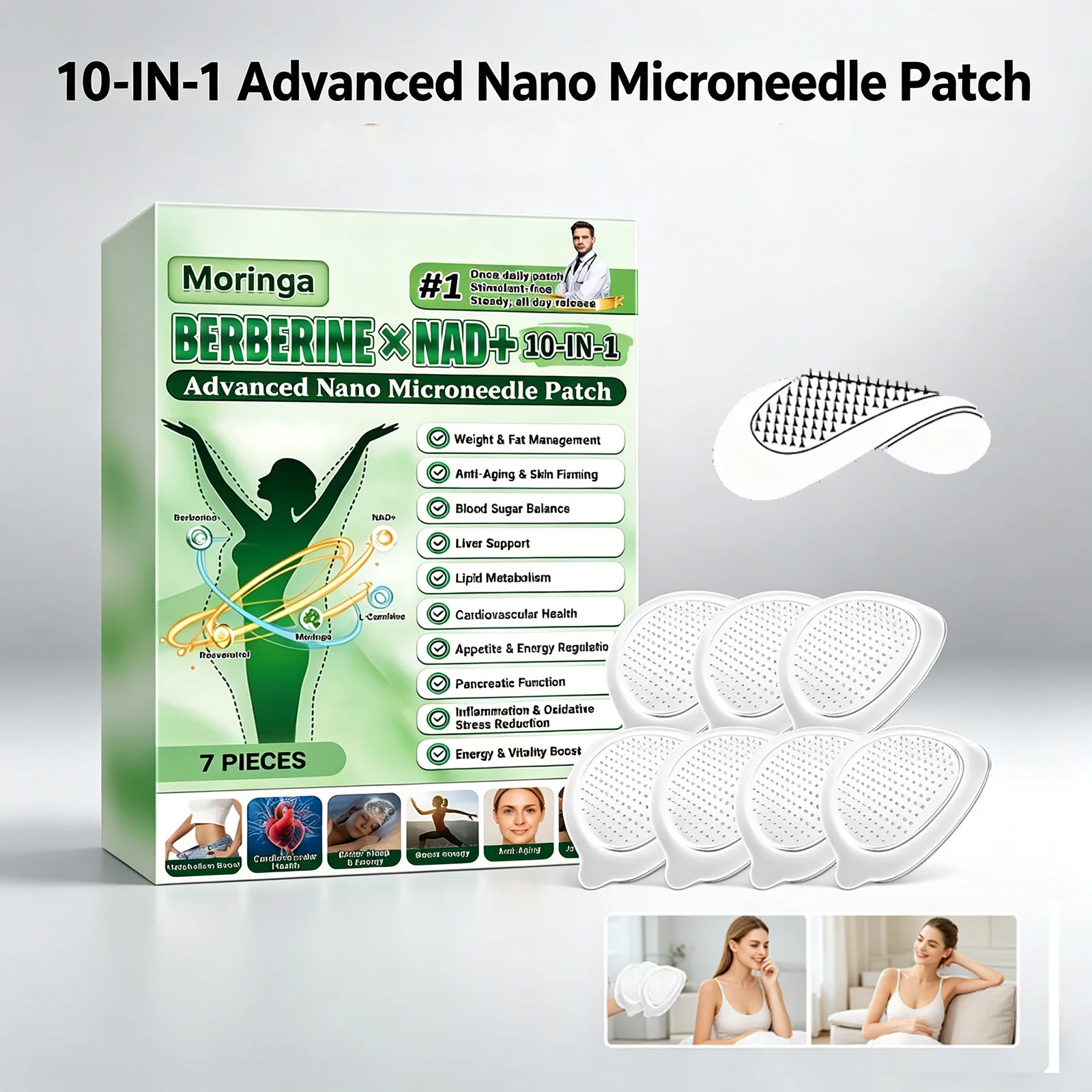BERBERINE NAD+10-in-1 Nano Microneedle Patch Natural Gentle Microdarts 0.2mm Moisturizing Skin for Women&Men Daily Body Care